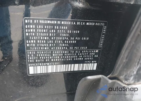 2023 Volkswagen Taos 1.5T S z USA, uszkodzony, nr VIN 3VVCX7B20PM372351